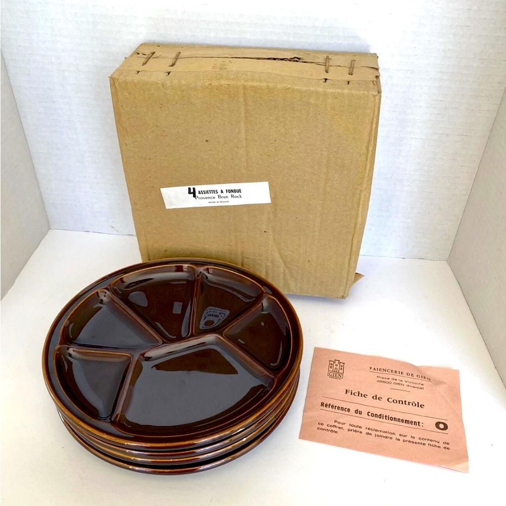 Set Of 4 Vintage Gien Fondue Plates Dark Brown 21cm, Made in France